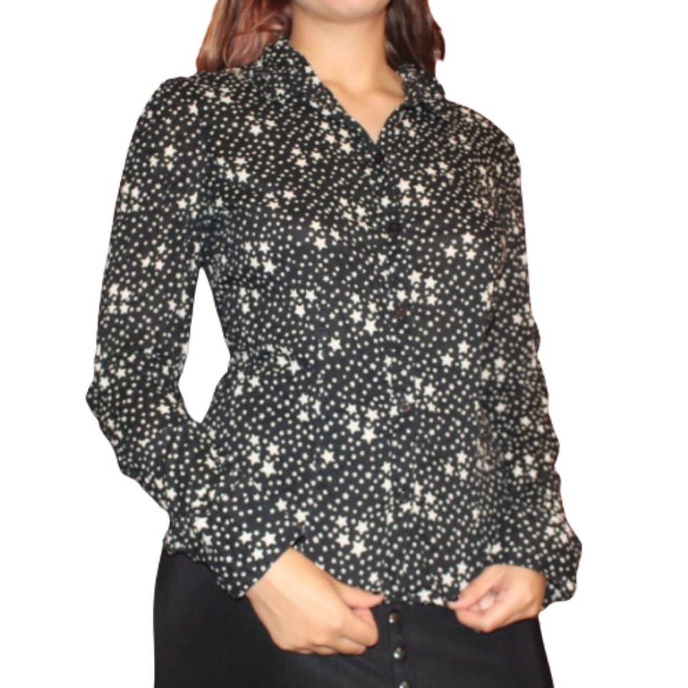 Roxy 2000s Y2K Star Patterned Button Down Shirt Blouse Sz S